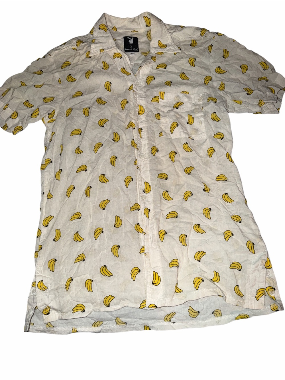 PLAYBOY White Short Sleeve Button-Down Shirt with Yellow Banana Print